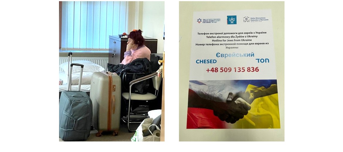 UJA Federation of New York >> <p><em>(left) After a long journey to safety, a woman rests at last. (right) A placard with familiar logos greets people at the border and advertises a hotline.</em></p>